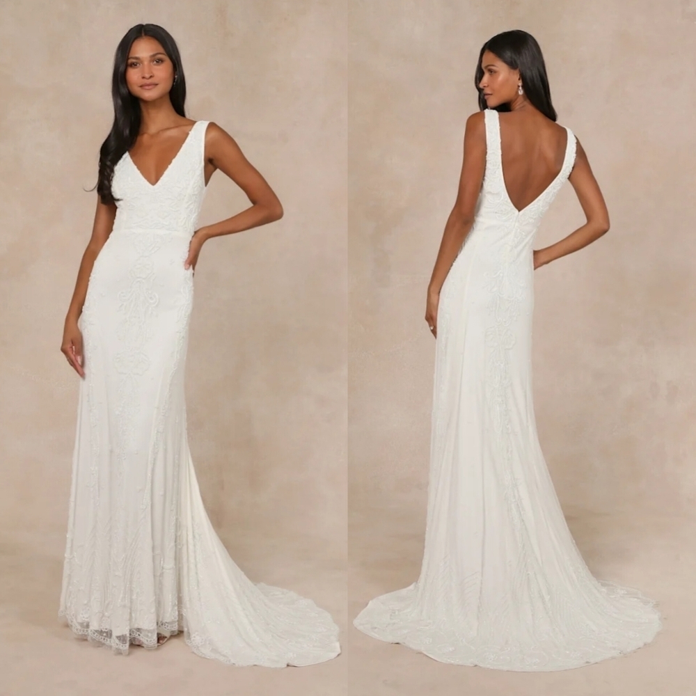 Lulus Passionate Romance White Beaded Sequin Mermaid Maxi Dress S Wedding Bridal